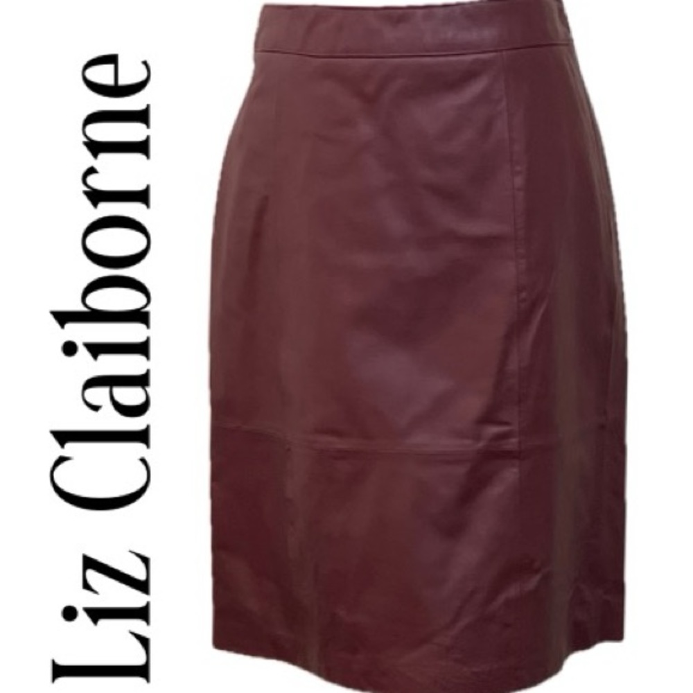 100% Leather Shell Liz Claiborne Red Knee-Length Pencil Skirt | Size 4